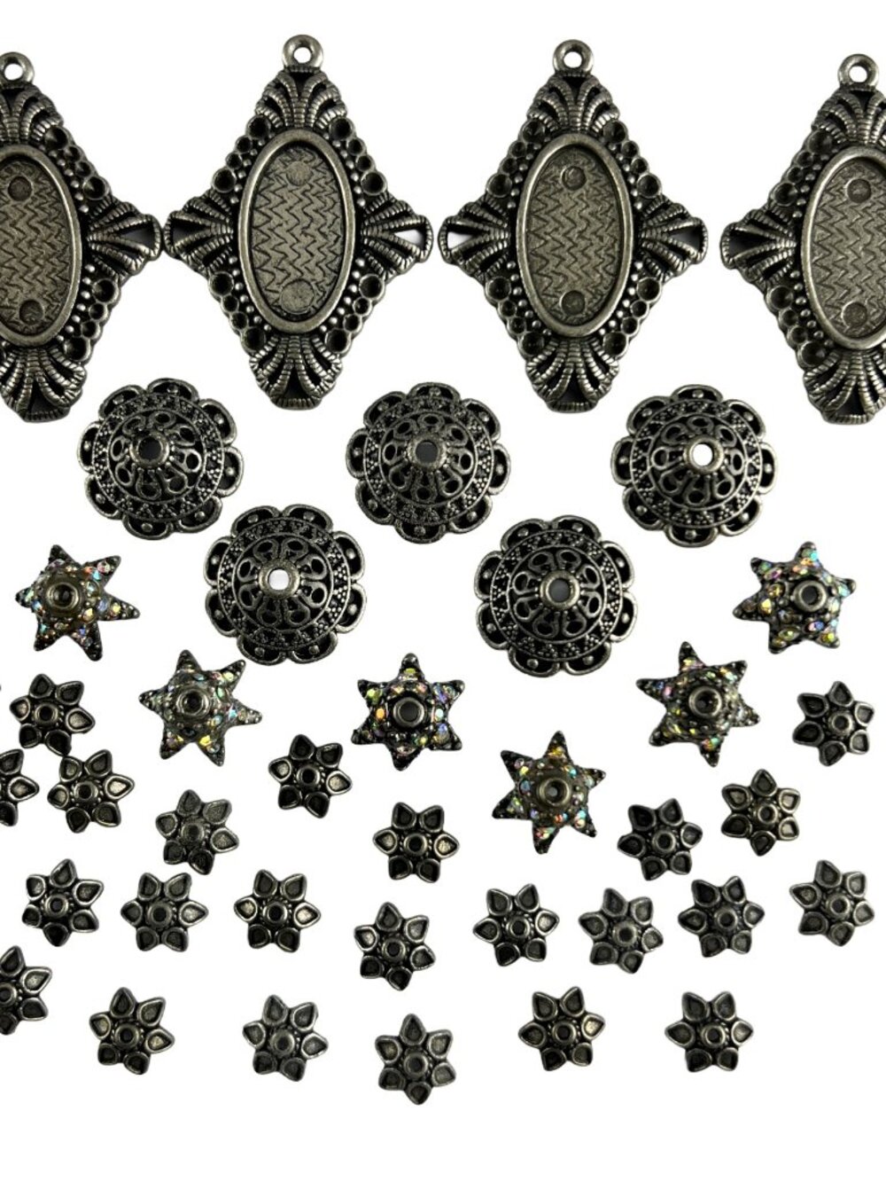 Jewelry Findings Variety Lot Vintage Antique Silver Tone - Bezels & Bead Caps